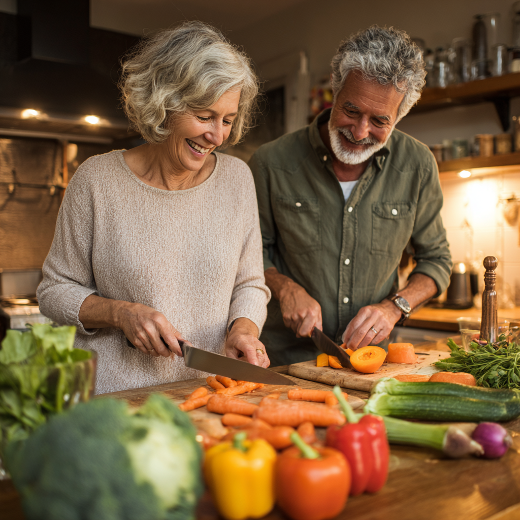 Mature adults preparing balanced healthy meals following nutrition plan