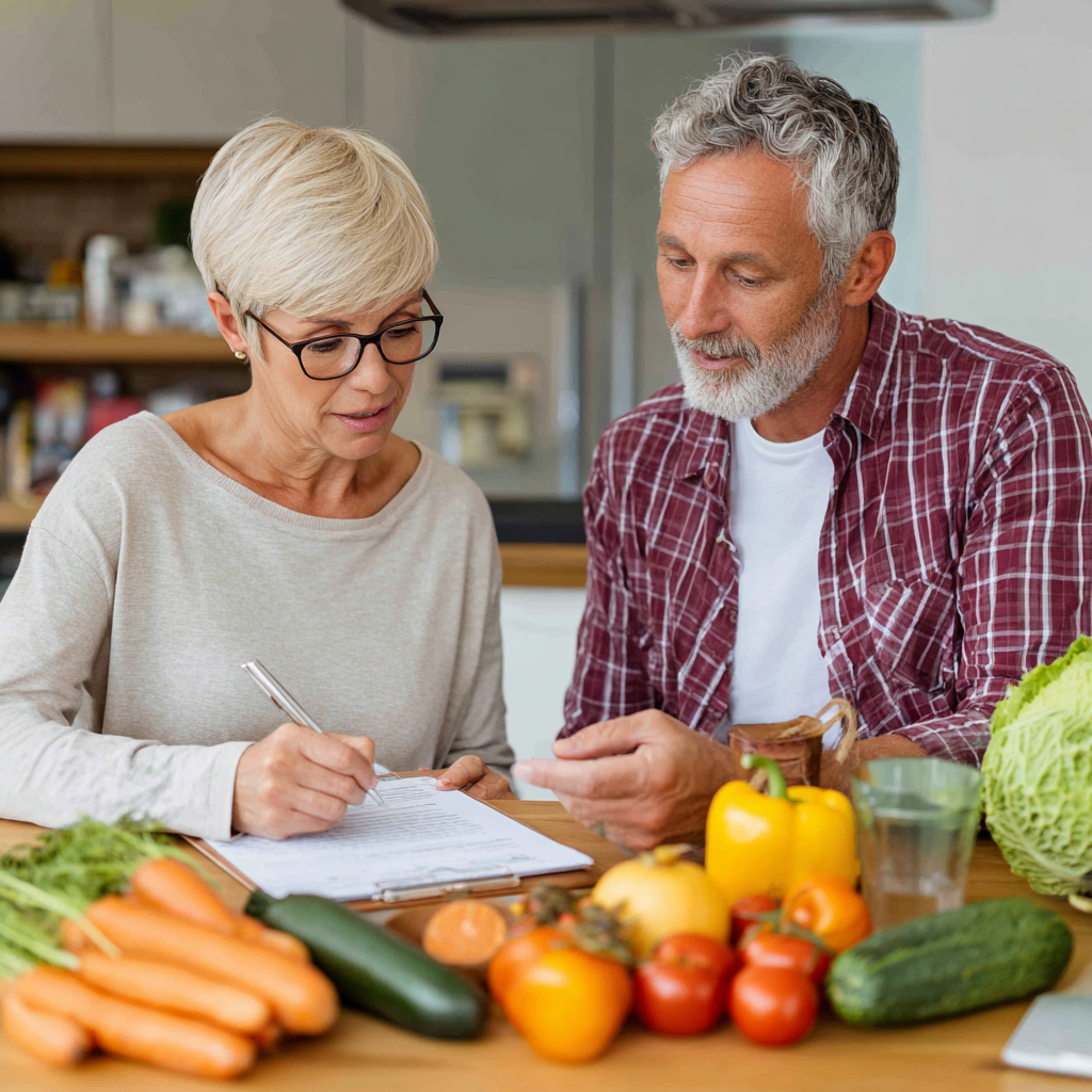 Middle aged nutritionist consulting with mature adult about healthy meal planning
